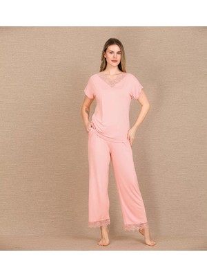 Hace Bazaar Marsilyan™- Viskon Şık Tasarım Dantel Işlemeli Açık Pembe Kısa Kol Pijama Takımı