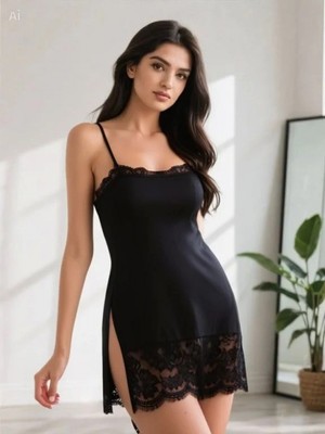 Hace Bazaar Kadın Siyah Yırtmaçlı Dantel Işlemeli Şık Mini Gecelik