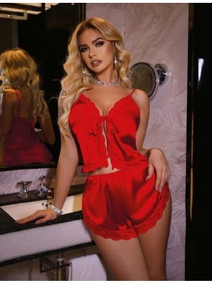 Hace Bazaar Marsilyan-  Kırmızı Ince Askılı Dantel Işlemeli Dekolteli Saten Şortlu Takım