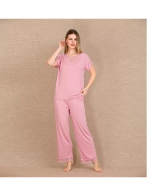 Hace Bazaar Marsilyan™- Viskon Şık Tasarım Dantel Işlemeli Pembe Kısa Kol Pijama Takımı