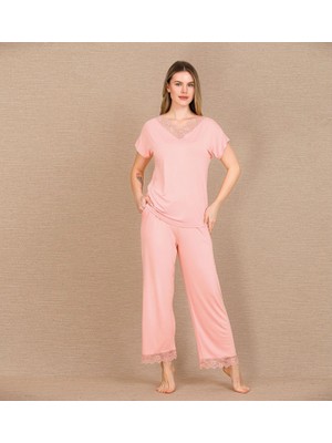 Hace Bazaar Viskon Şık Tasarım Dantel Işlemeli Açık Pembe Kısa Kol Pijama Takımı