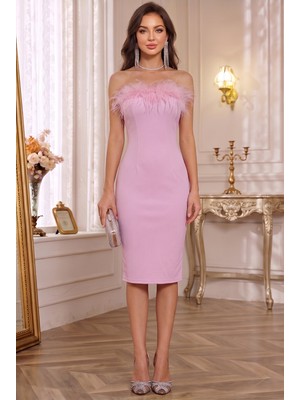 Alfudo Moda Collection Peluş Tüy Detaylı Kumaş Mezuniyet Elbisesi