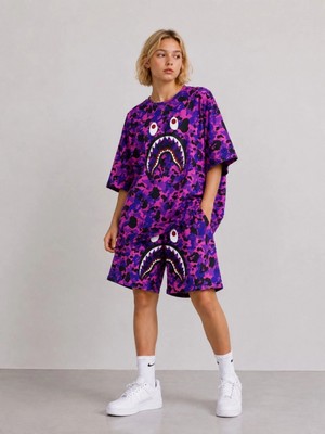 Hace Bazaar Kız Çocuk Oversize Kalıp Pubg Bape x Shark Nakışlı Cepli Şort Takım - Mor