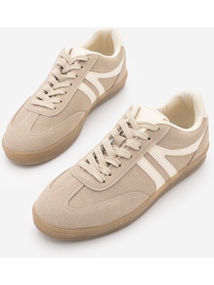 Marjin Kadın Sneaker Bağcıklı Düz Taban Spor Ayakkabı Tiyone Koyu Bej