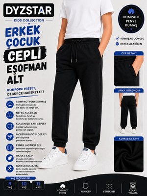 Dyzstar Erkek Çocuk Cepli Eşofman Altı Siyah Compact Penye Lastikli Paça Rahat Kalıp Okul ve Günlük Kullanıma Uygun