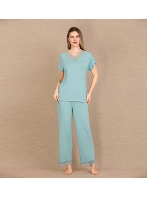 Hace Bazaar Marsilyan™- Viskon Şık Tasarım Dantel Işlemeli Mint Yeşil Kısa Kol Pijama Takımı
