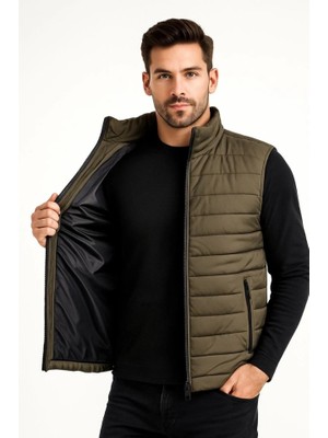 Lune Store Erkek Şişme Fermuarlı Yelek Su Itici Kapitone Astarlı Kumaş Cepli Hafif Kışlık Spor Rahat Kalıp - Haki