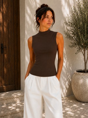 Hayalet Kadın Dik Yaka Kolsuz T-Shirt Ultra Soft Basic Bluz