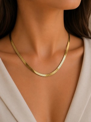 Bymiel Kadın Gold Renk Geniş Balıksırtı (Herringbone) 316L Paslanmaz Çelik Zincir Kolye 8 mm