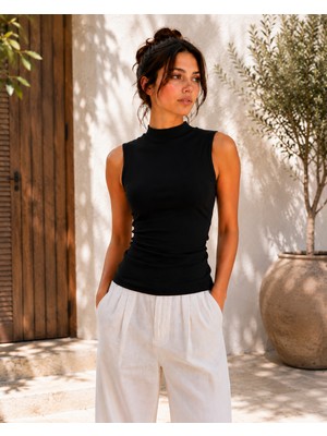 Hayalet Kadın Dik Yaka Kolsuz T-Shirt Ultra Soft Basic Bluz