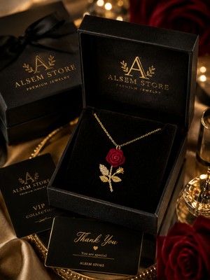 Alsem Store 14 Ayar Gold Kaplama Kırmızı Kadife Desenli Gül Kolyesi , Ithal Kolye , Eşe Hediye