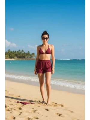 Hace Bazaar Bordo 3’lü Bikini Takımı Şortlu Yandan Bağlamalı Üçgen Üst Esnek Kadın Mayo