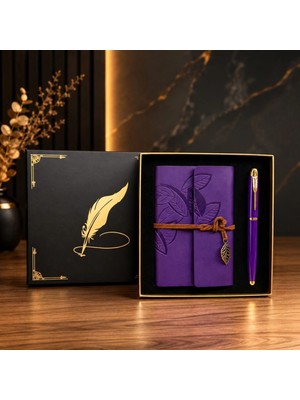 Hace Bazaar Mor Yaprak Desenli Deri Defter ve Roller Metal Kalem