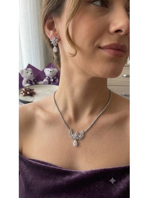 Bymiel Gümüş Rengi Zirkon Taşlı Damla Model Kolye Küpe Takı Seti