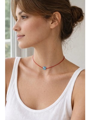 Femenino Açık Mavi Cam Nazar Boncuklu Ayarlanabilir Kırmızı Ip Choker