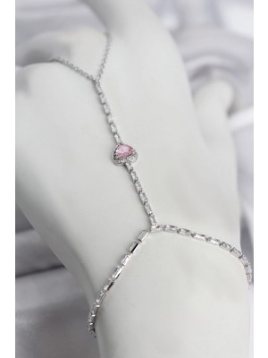Hace Bazaar Gümüş Renk Pirinç Zirkon Taşlı Pembe Kalp Model Şahmeran TJ-SN772