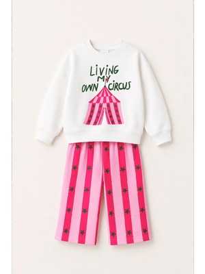 Monila Kız Çocuk Sirk Baskılı Ekru Sweatshirt ve Pembe Çizgili Yıldız Baskılı Eşofman Alt Üst Takım