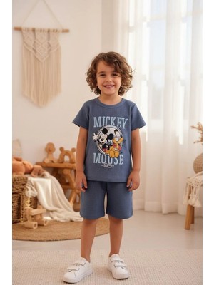Morbella Indigo/ Gri Fitilli Çocuk Takımı | Yazlık Kısa Kollu T-Shirt Şort Seti | Çok Renk Seçeneği Baskılı