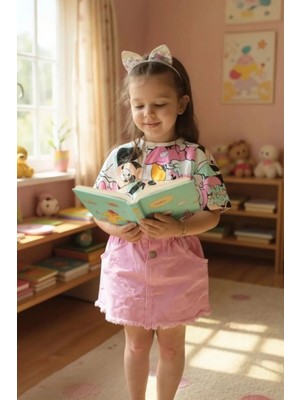 Morbella Kız Çocuk 2’li Takım Minnie Desenli Tişört ve Pembe Kot Etek