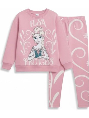 Morbella Elsa Prenses Baskılı Pembe Kız Çocuk Sweatshirt ve Tayt Takımı | Kışlık Pamuklu Kombin