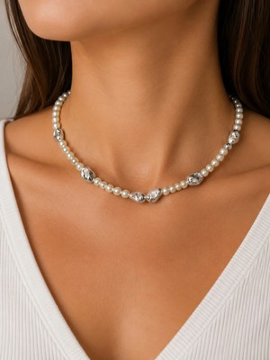 Bymiel Kadın Gümüş Renk Organik Form Detaylı Inci Choker Kolye