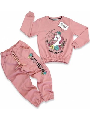 Morbella Kız Çocuk Sweatshirt Eşofman Takımı Pamuklu Desenli Alt Üst Takım
