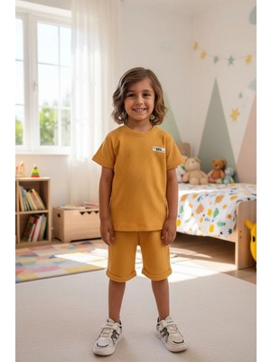 Morbella Hardal/siyah/bej Fitilli Çocuk Takımı | Yazlık Kısa Kollu T-Shirt Şort Seti | Çok Renk Seçeneği