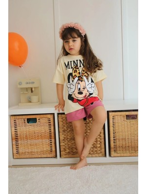 Morbella Kız Çocuk Minnie Mouse Baskılı 2’li Yazlık Takım – Sarı Tişört Pembe Şort