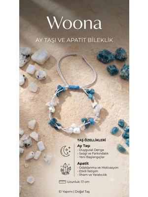 Woona Doğal Kırık Ay Taşı & Apatit Taşı Iletişim & Motivasyon Bilekliği Unisex- 17 cm El Yapımı Ayarlanabilir Özel Tasarım Premium Doğal Taş Bileklik