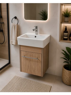Turkuaz Lavabolu 28x37.5 Cm Mini Banyo Dolabı Mdf Ahşap Desen