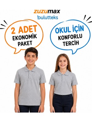 Bulut Teks Okullu (2ADET) Polo Yaka Gri Kısa Kol Okul Tişörtleri Kıyafetleri Üniforması Çocuk Genç
