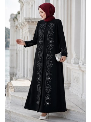 Hafsa Mina Boncuk Taşlı Büyük Beden Anne Elbisesi Siyah HM2952