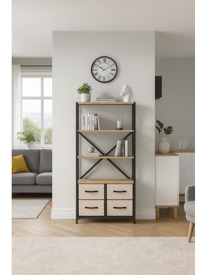 4 Çekmeceli 4 Raflı Kitaplık Çalışma Odası Düzenleyici Metal Kitaplık Deri Çekmeceli Kitap