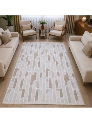 Woomino Krem Bej Geometrik Oval Desenli Saçaklı Kaymaz Jel Tabanlı Modern Halı