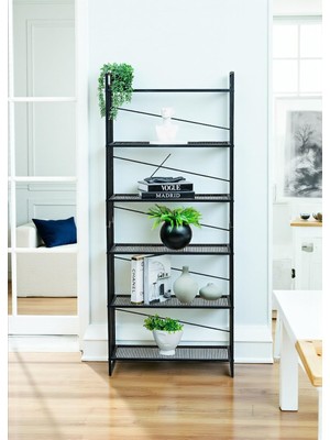 Dekoratif Siyah Metal Kitaplık 6 Raflı Çok Amaçlı Stand Salon ve Çalışma Odası Düzenleyici