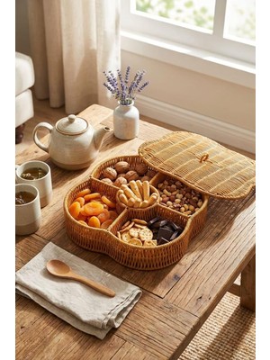 Kapaklı 5 Bölmeli Plastik Rattan Organizer Kutu – Hasır Desenli Çok Amaçlı Saklama ve Sunum