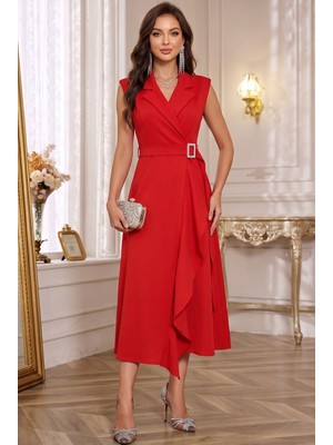 Alfudo Moda Collection Kemerli Kruvaze Ceket Yaka Abiye Mezuniyet Elbisesi