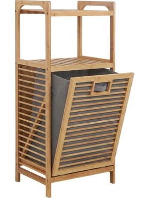 Go İthalat Kalın Ahşap Bambu 2 Organizer Raflı Çek Aç Kirli Çamaşır Sepeti 40x35x95 cm.