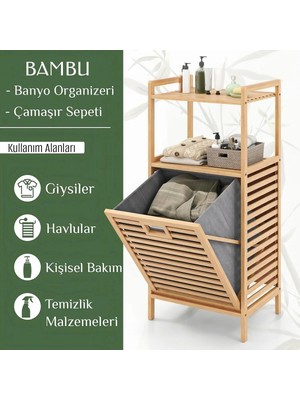 Go İthalat Kalın Ahşap Bambu 2 Organizer Raflı Çek Aç Kirli Çamaşır Sepeti 40x35x95 cm.
