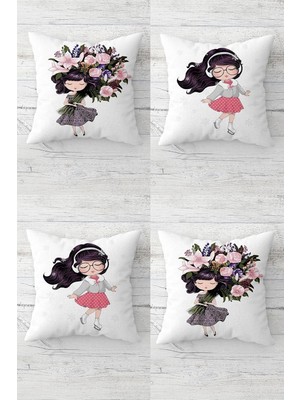 Gndz Home Pelangi Müzik Dinleyen Çiçek Buketli Kız Gizli Fermuarlı Kırlent Kılıfı Koltuk Yastık Kılıfı TAKIM(4ADET), Mor-Gri-Pembe 45 x 45