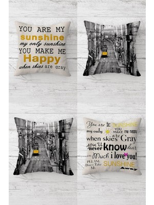 Gndz Home Pelangi Troleybüs ve Love Mesajlı Gizli Fermuarlı Kırlent Kılıfı Koltuk Yastık Kılıfı TAKIM(4ADET), Sarı-Gri 45 x 45