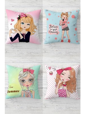 Gndz Home Pelangi Bisikletli Make Up Girl Gizli Fermuarlı Kırlent Kılıfı Koltuk Yastık Kılıfı TAKIM(4ADET), Beyaz - Pembe 45 x 45