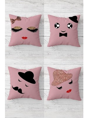 Gndz Home Pelangi Emoji Temalı Pembe Gizli Fermuarlı Kırlent Kılıfı Koltuk Yastık Kılıfı TAKIM(4ADET), Pembe-Siyah 45 x 45