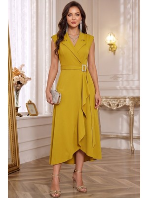 Alfudo Moda Collection Kemerli Kruvaze Ceket Yaka Abiye Mezuniyet Elbisesi