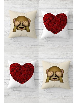 Gndz Home Pelangi Gözü Kapalı Maymun Emoji ve Güller Gizli Fermuarlı Kırlent Kılıfı Koltuk Yastık Kılıfı TAKIM(4ADET), Kırmızı-Kahverengi 45 x 45