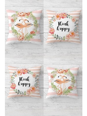 Gndz Home Pelangi Filamingo ve Think Happy Mesaj Gizli Fermuarlı Kırlent Kılıfı Koltuk Yastık Kılıfı TAKIM(4ADET), Somon-Beyaz 45 x 45