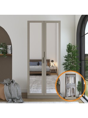 Rani Mobilya Rani BA365 Gardırop Aynalı 2 Kapaklı Raflı 2 Askılı Elbise Dolabı Kumtaşı