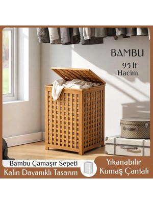 Go İthalat Kalın Ahşap Bambu Kumaş Çantalı Kirli Çamaşır Sepeti 40x40x58 cm.