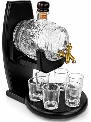 Lovesta Home Ahşap Standlı Cam Fıçı ve 6 Shot Bardaklı Içki Servis Seti ALK5606