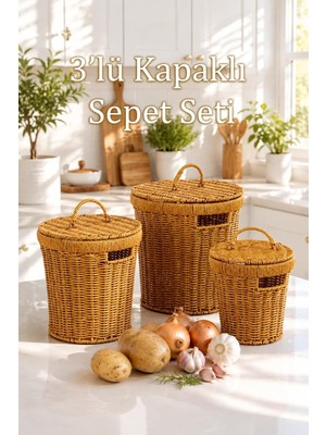 PBT-920-2 3lü Hasır Sepet Kapaklı Bambu Sepet Seti Dekoratif Banyo Mutfak Düzenleyici Organizeri